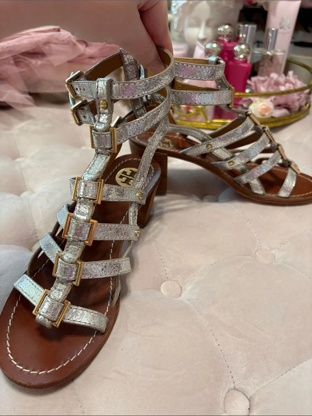 Tory Burch Silver Gladiator Buckle Sandals